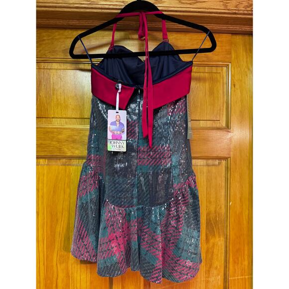 Johnny Wujek for JCPenney Plaid Scarlet Sage Sequin Mini Dress – Size Medium NEW - Picture 4 of 10